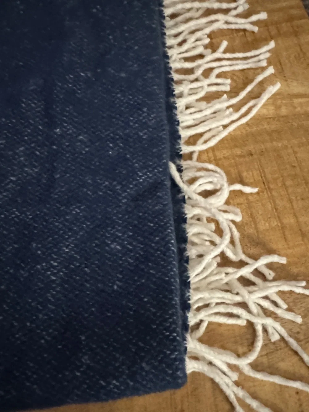 Pom Pom at Home Billie Navy Blue Woven Throw Blanket cover with Cream Fringe